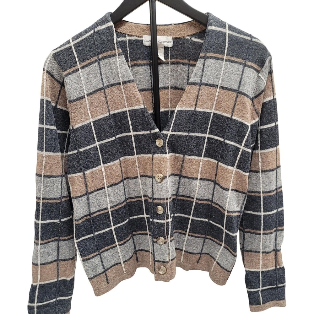 Vintage Casual Corner Plaid Button Up Cardigan Sweater Women Size S Grey Tan
